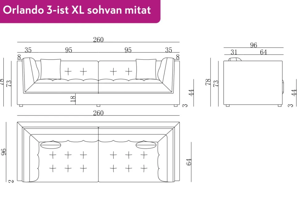 Orlando 3-ist XL sohva 260 cm, keltainen