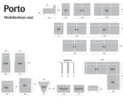 Porto 3-istuttava sohva, eri värejä