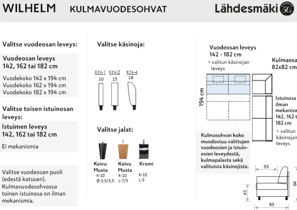 Wilhelm kulmavuodesohva, eri värejä